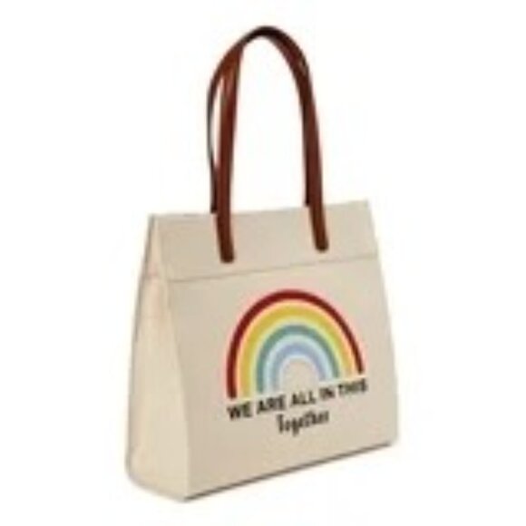 NWD Time Tru We Are All In This Together Canvas Beige Tote Bag Rainbow Positive - Picture 3 of 10